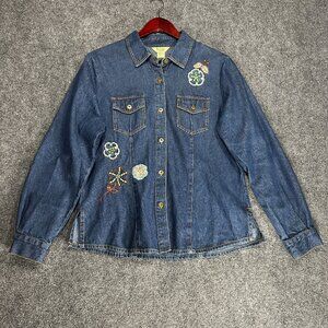 Teddi Top Womens Medium Long Sleeve Blue Denim Button Up Shirt Embellished Pocke